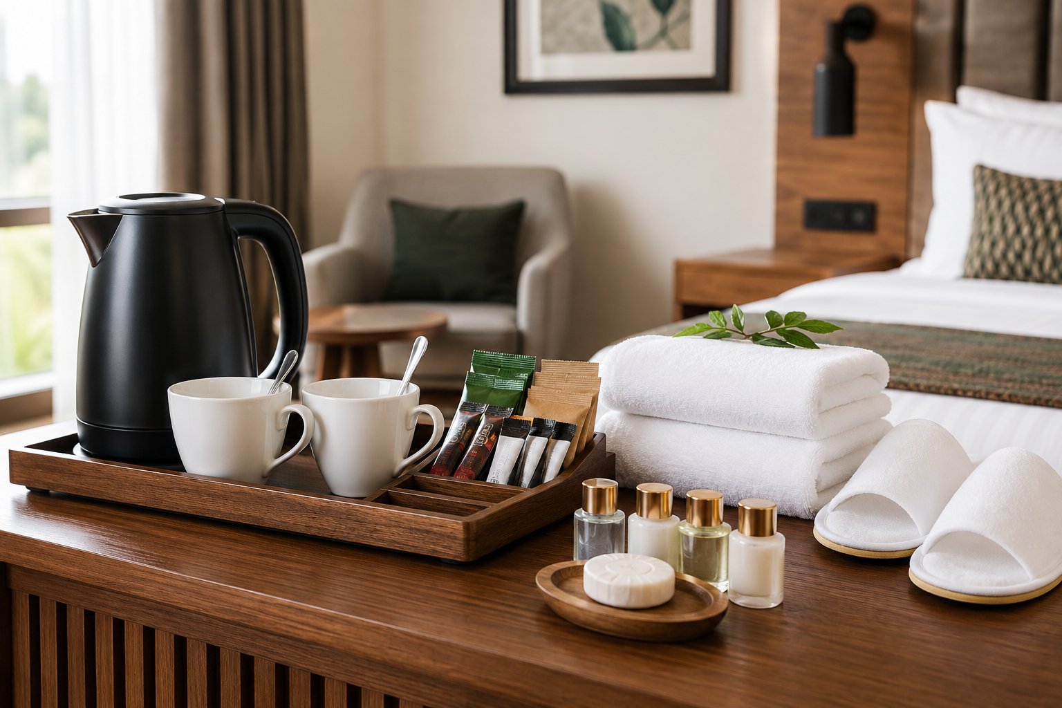 Coordinated kettle tray, towels, slippers and toiletries