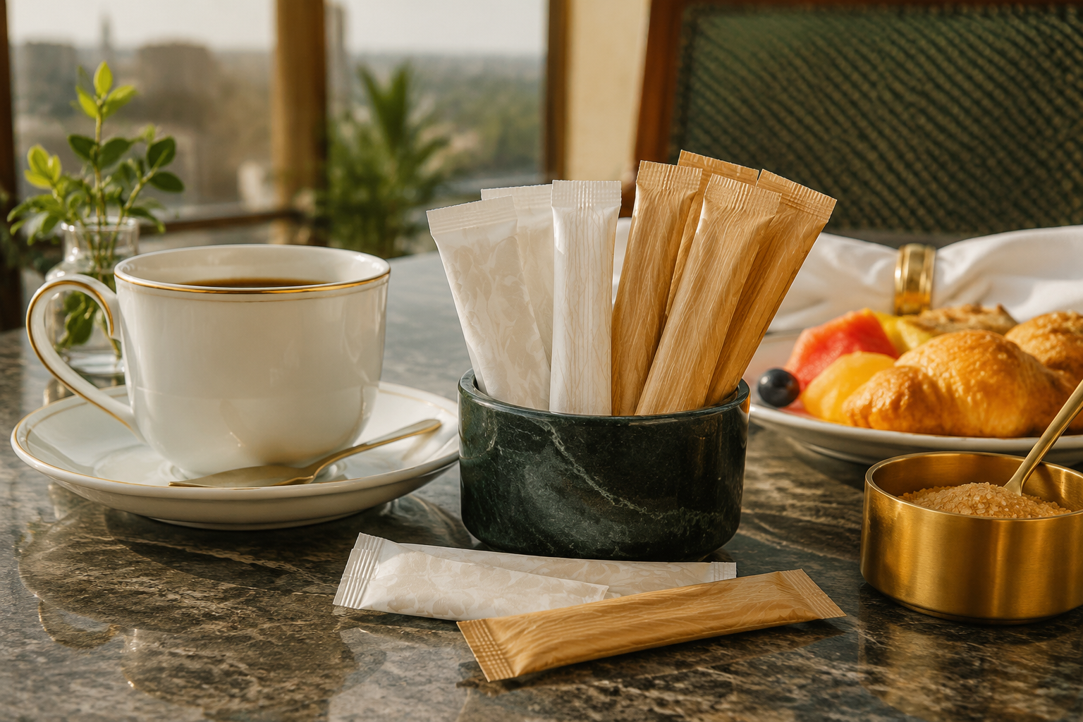 Sugar sachets arranged for premium hotel breakfast service